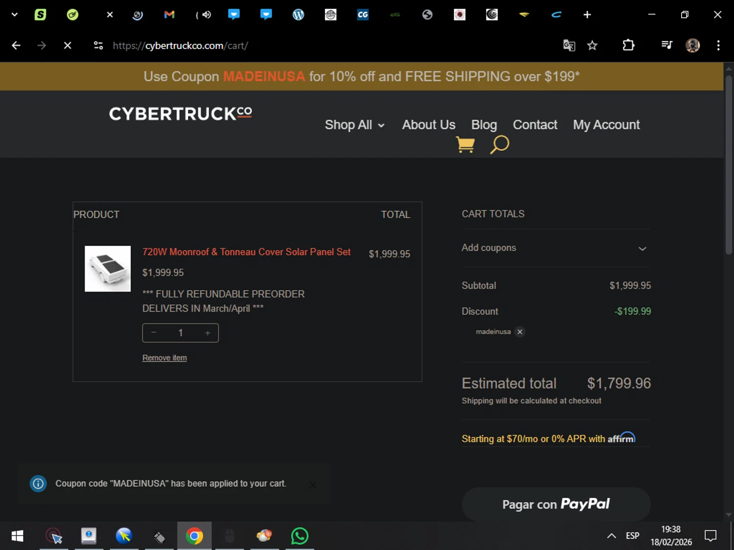 CYBERTRUCKco promo code screenshot showing code MADEINUSA applied at CYBERTRUCKco checkout page. Uploaded by SimplyCodes community member MarcosAranguren on Feb 19, 2026