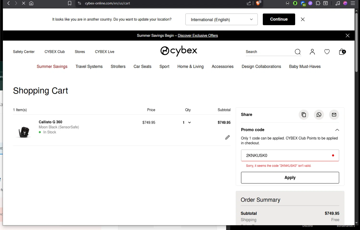 Cybex promo code screenshot showing code 2KNKUSK0 applied at Cybex checkout page. Uploaded by SimplyCodes community member Jmhernand1 on Jul 23, 2025