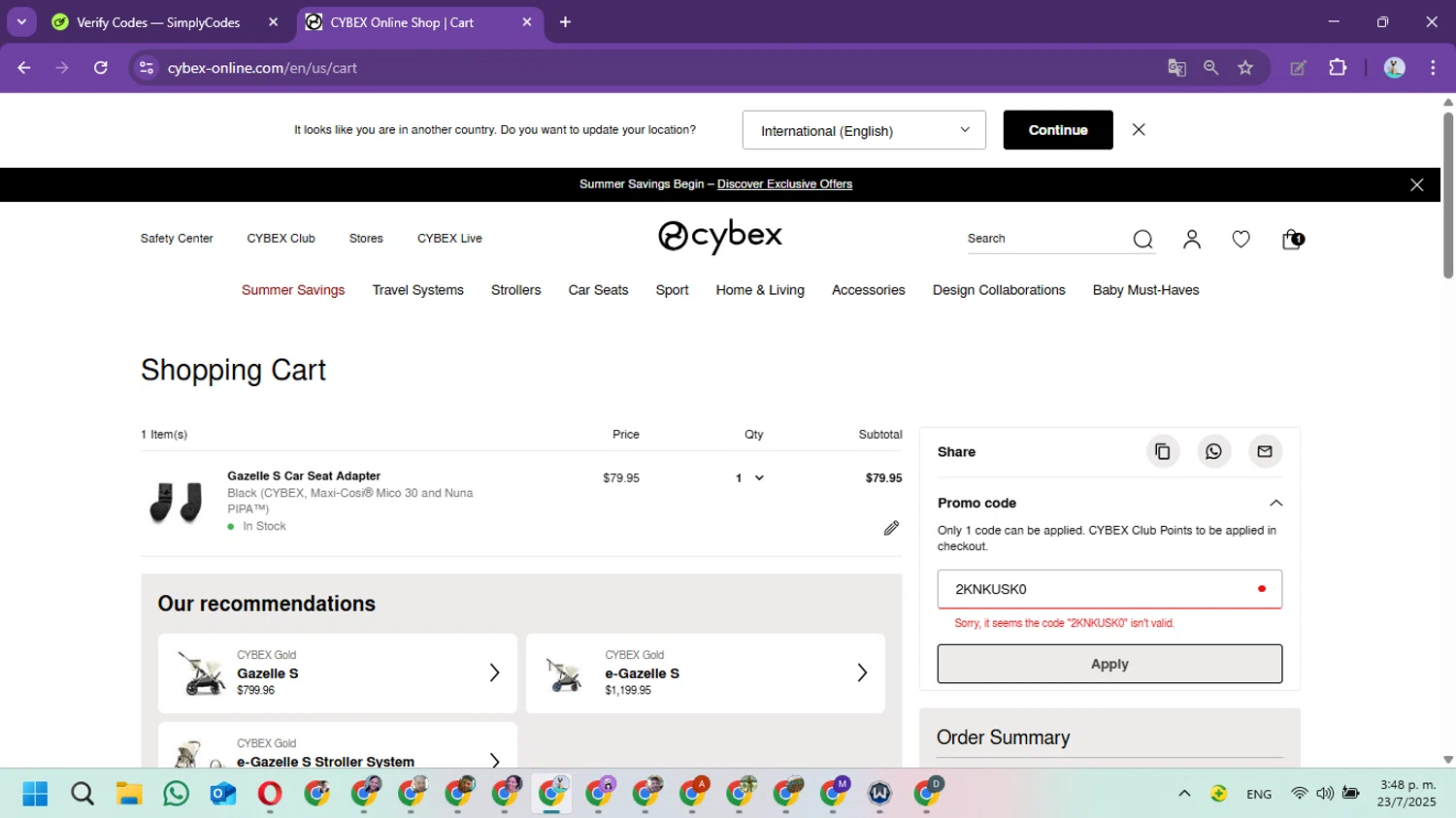 Cybex promo code screenshot showing code 2KNKUSK0 applied at Cybex checkout page. Uploaded by SimplyCodes community member Marielis on Jul 23, 2025