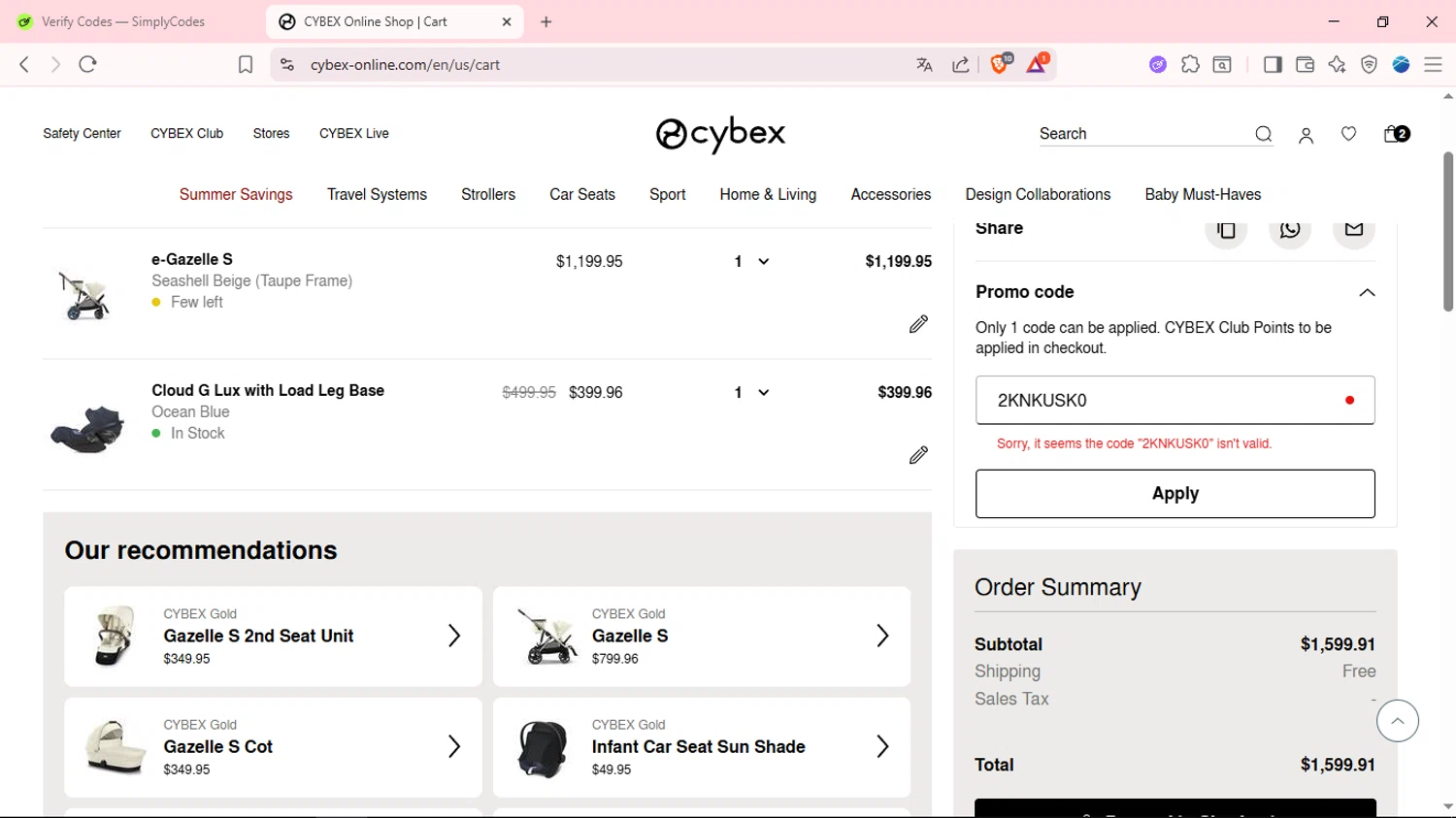 Cybex promo code screenshot showing code 2KNKUSK0 applied at Cybex checkout page. Uploaded by SimplyCodes community member fabianmartinez on Jul 23, 2025