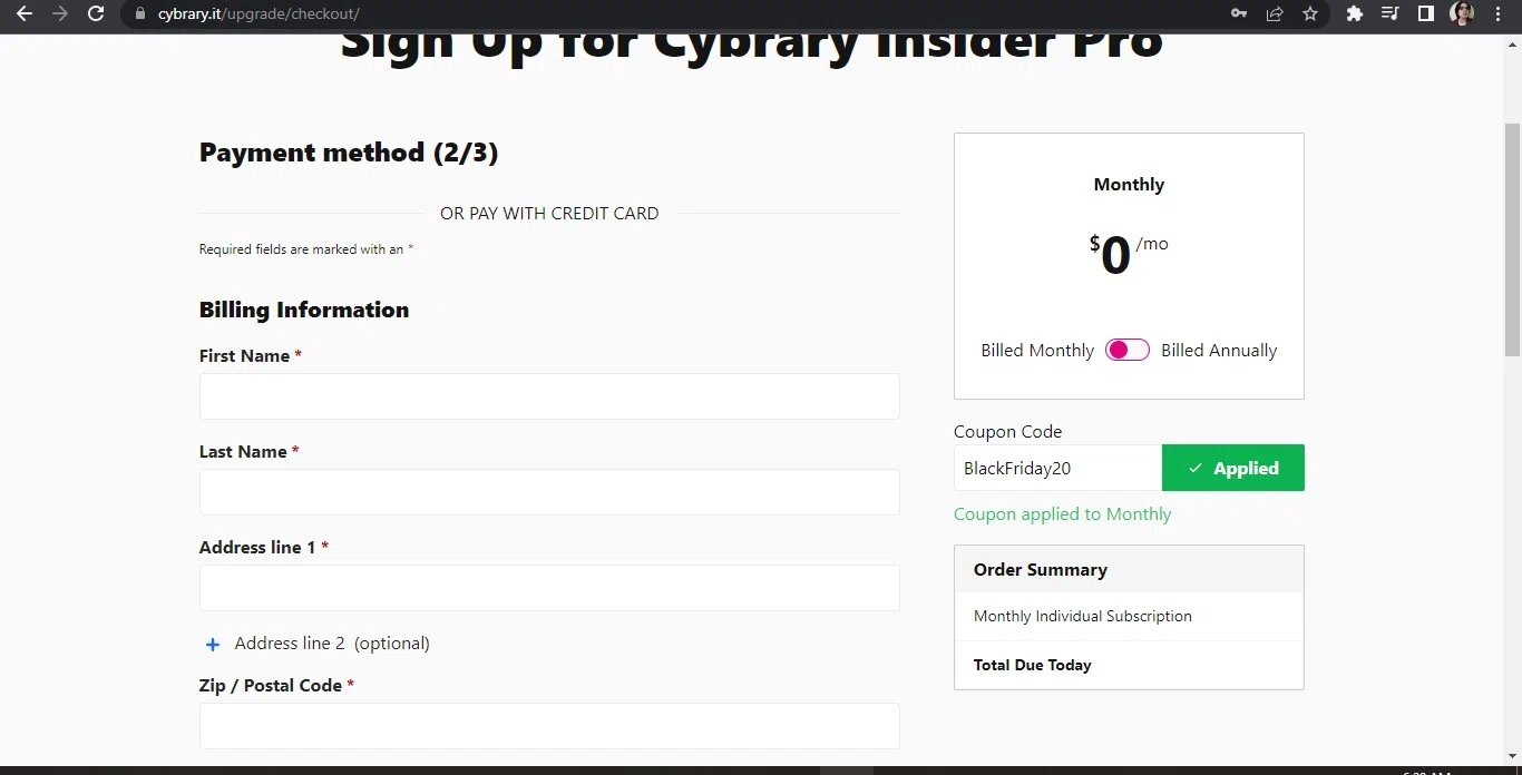 where to use Cybrary promo code box