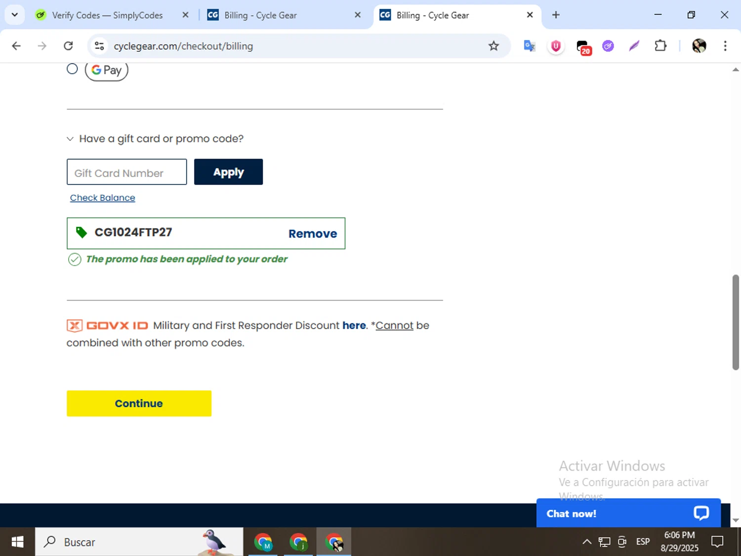 Cycle Gear promo code screenshot showing code CG1024FTP27 applied at Cycle Gear checkout page. Uploaded by SimplyCodes community member mariapolancog on Aug 29, 2025