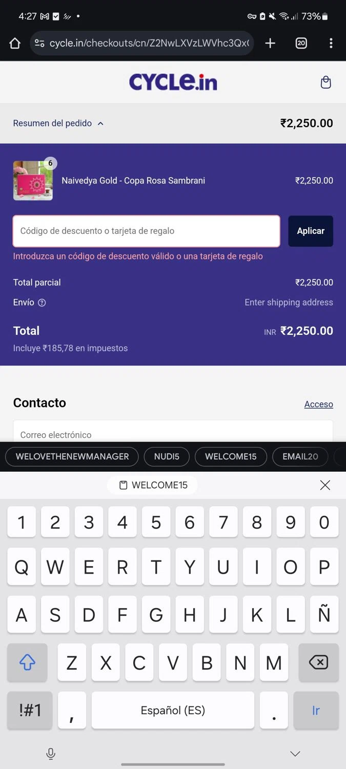 Cycle.in promo code screenshot showing code WELCOME15 applied at Cycle.in checkout page. Uploaded by SimplyCodes community member Brazzers on Mar 4, 2025