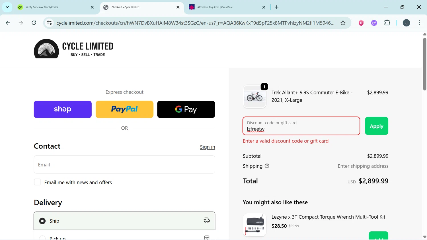 Cycle Limited discount code screenshot showing code lzfreetw applied at Cycle Limited checkout page. Uploaded by SimplyCodes community member APOLOMONEY on Jan 4, 2026