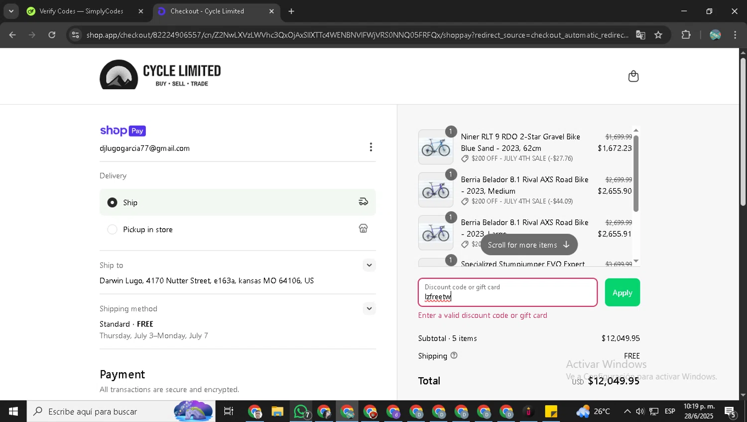 Cycle Limited discount code screenshot showing code lzfreetw applied at Cycle Limited checkout page. Uploaded by SimplyCodes community member ShrewdMonarch9444 on Jun 29, 2025