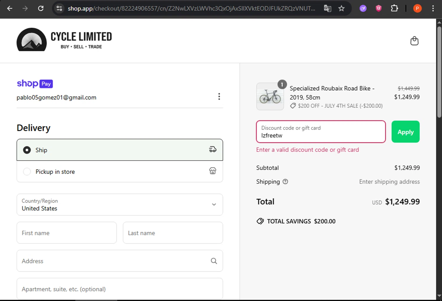 Cycle Limited discount code screenshot showing code lzfreetw applied at Cycle Limited checkout page. Uploaded by SimplyCodes community member WonderDefender6772 on Jun 29, 2025