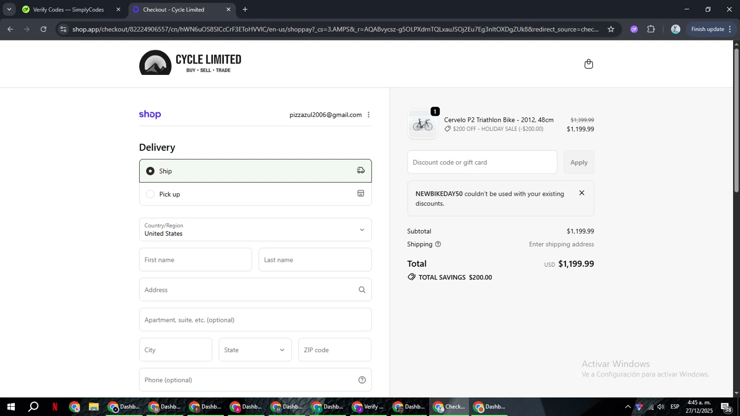 Cycle Limited discount code screenshot showing code NEWBIKEDAY50 applied at Cycle Limited checkout page. Uploaded by SimplyCodes community member ShrewdSeeker6165 on Dec 27, 2025