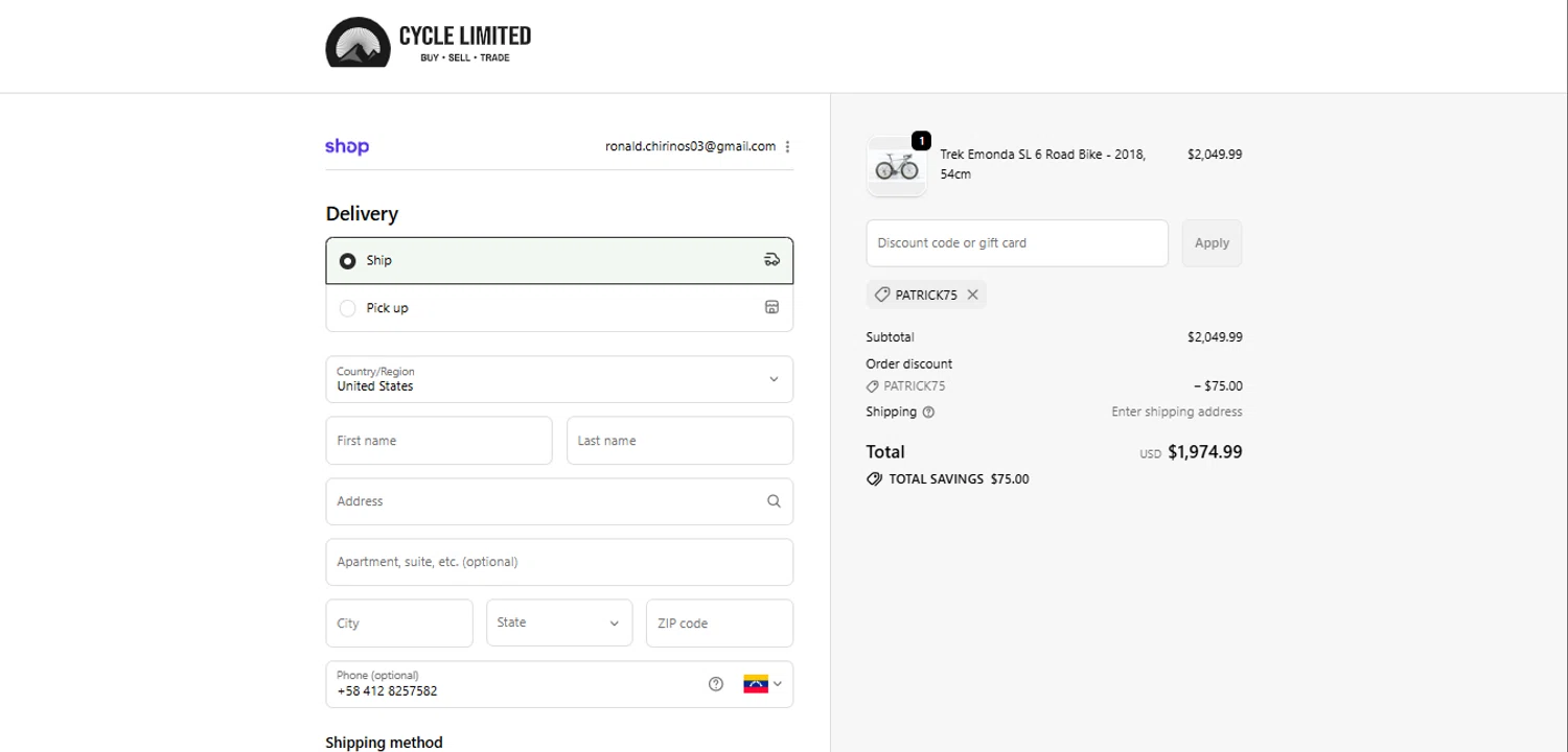 Cycle Limited discount code screenshot showing code Patrick75 applied at Cycle Limited checkout page. Uploaded by SimplyCodes community member PennySage5996 on Oct 26, 2025