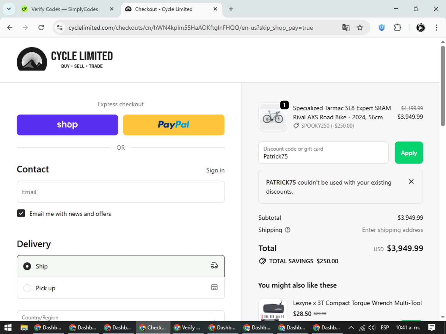 Cycle Limited discount code screenshot showing code Patrick75 applied at Cycle Limited checkout page. Uploaded by SimplyCodes community member SavvyChaser6563 on Oct 31, 2025