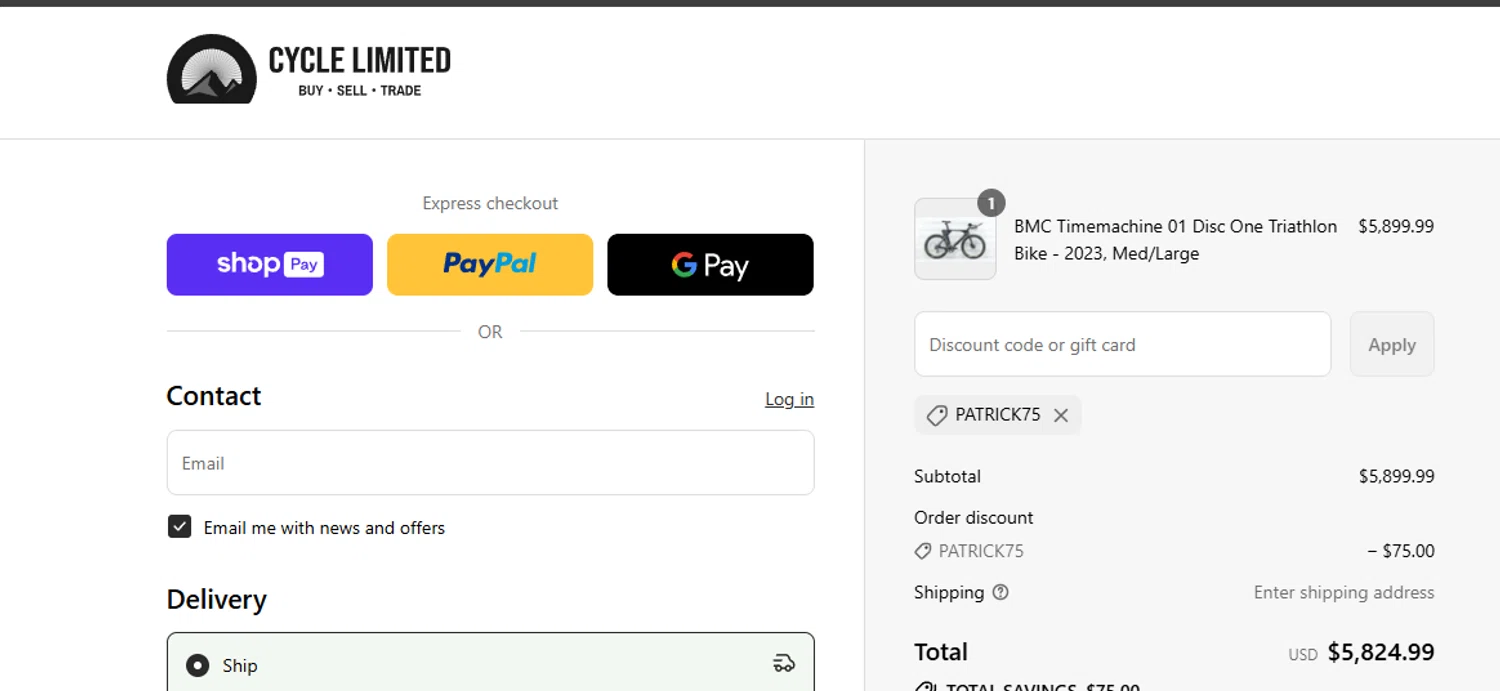 Cycle Limited discount code screenshot showing code Patrick75 applied at Cycle Limited checkout page. Uploaded by SimplyCodes community member ashe1986 on Aug 20, 2025