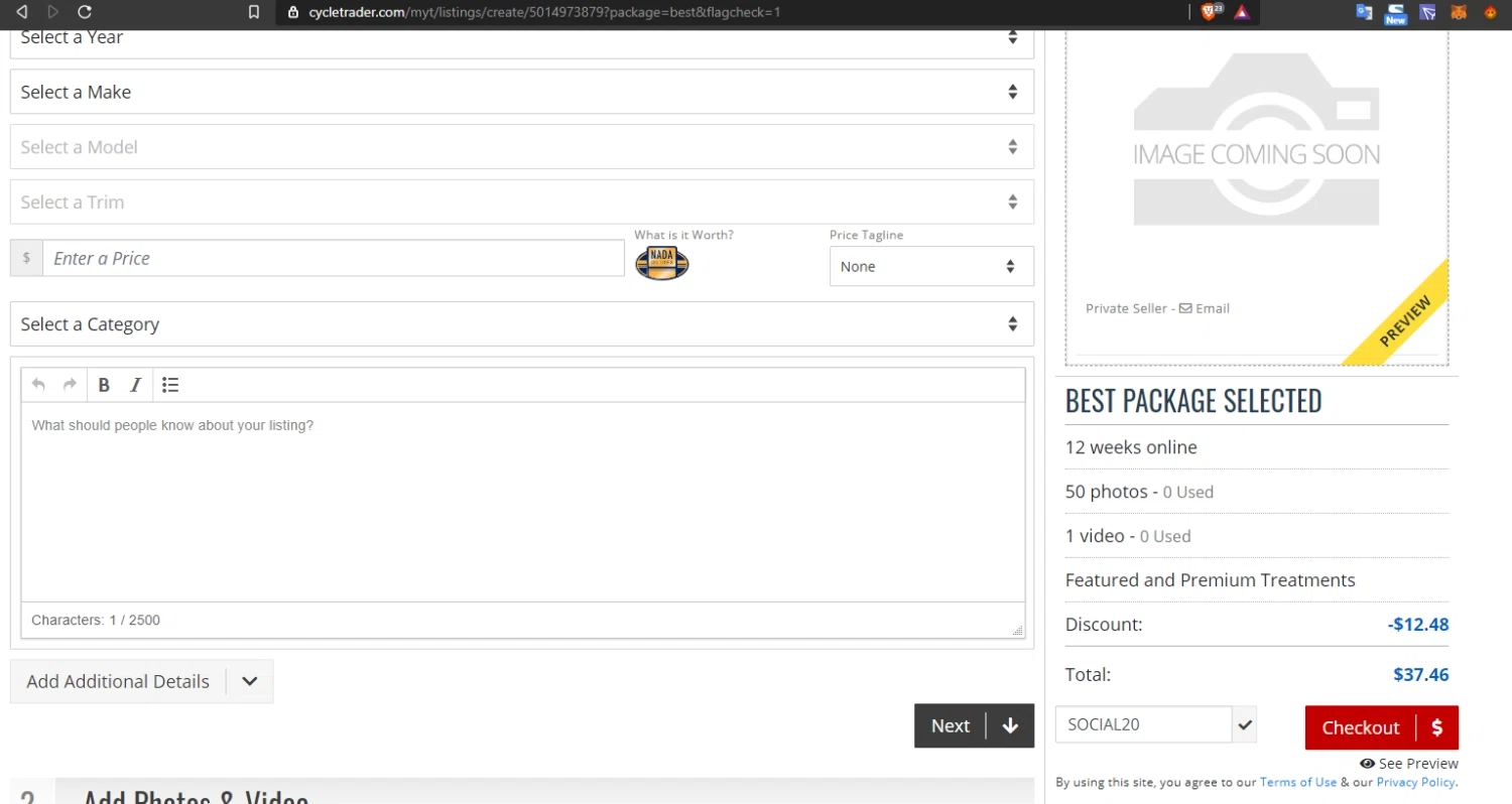 Cycle Trader checkout page showing Cycle Trader promo code box | Screenshot taken by SimplyCodes community member on Dec 17, 2020