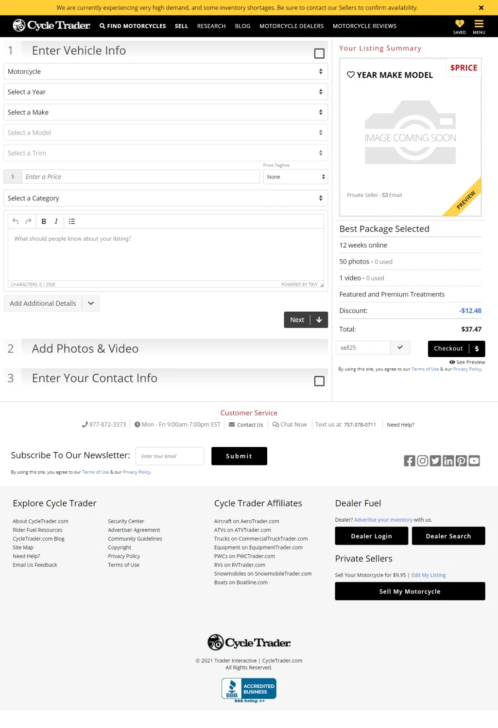 Cycle Trader checkout page showing Cycle Trader promo code box | Screenshot taken by SimplyCodes community member on Sep 8, 2021