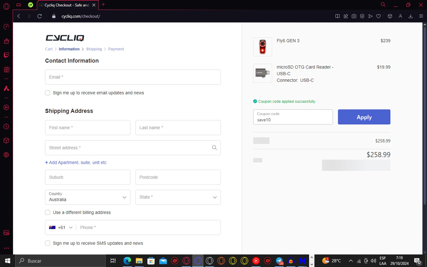 Cycliq checkout page showing Cycliq discount code box | Screenshot taken by SimplyCodes community member on Oct 29, 2024