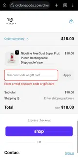 Cyclone Pods coupon verification screenshot