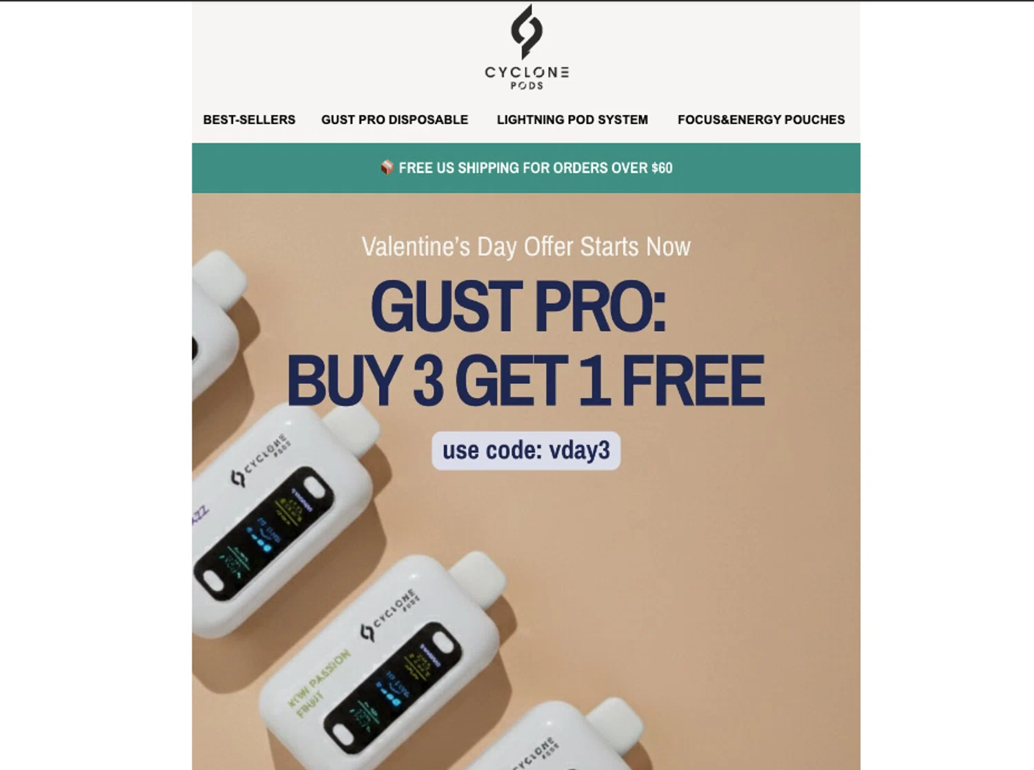 Cyclone Pods promo code screenshot showing code VDAY3 applied at Cyclone Pods checkout page. Uploaded by SimplyCodes community member ELOIN777 on Feb 12, 2026