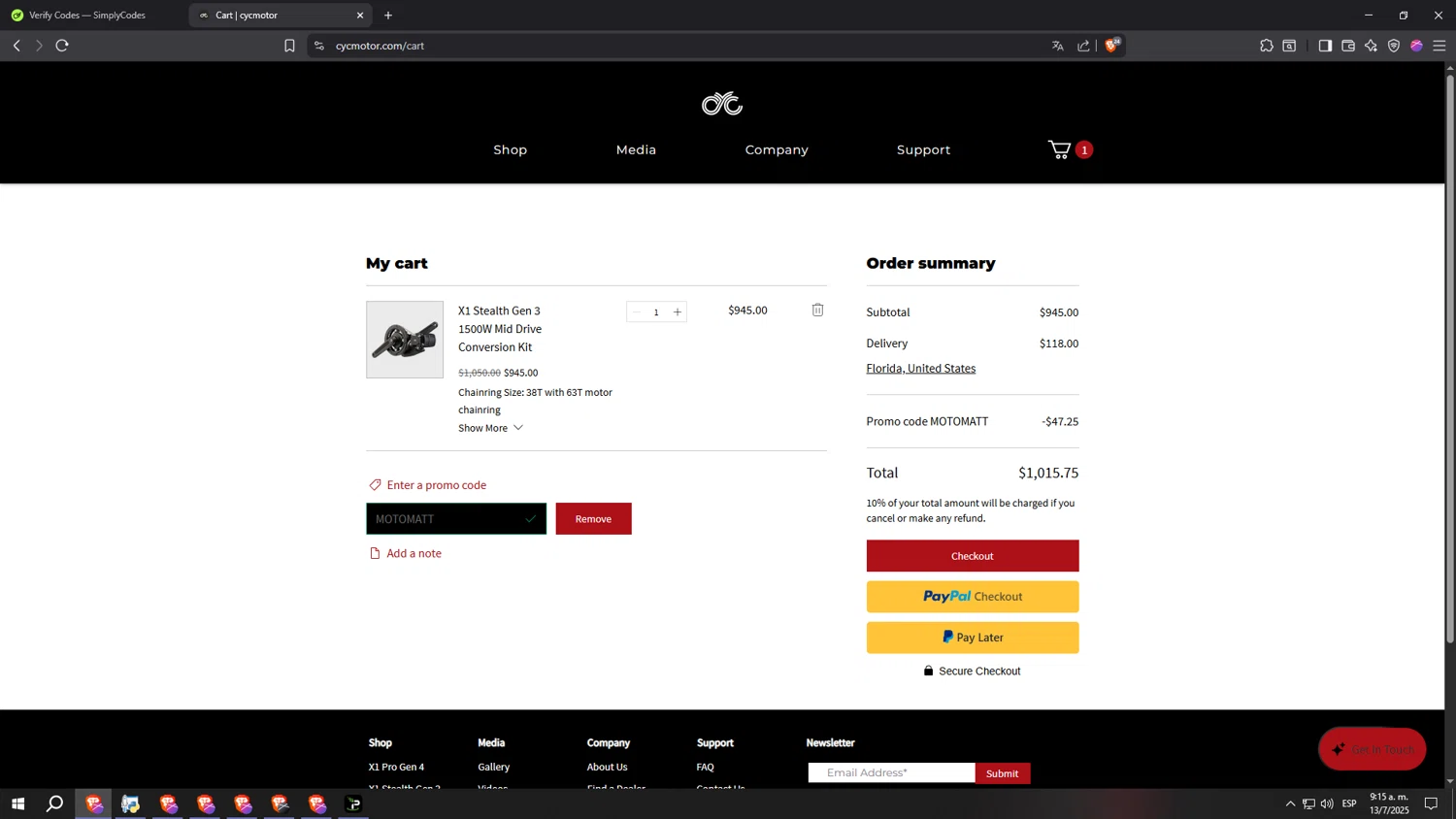 CYC MOTOR promo code screenshot showing code MOTOMATT applied at CYC MOTOR checkout page. Uploaded by SimplyCodes community member kkkkkkkkkkkkkkkkkkkk on Jul 13, 2025
