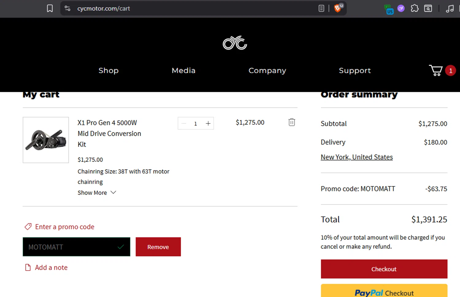 CYC MOTOR promo code screenshot showing code MOTOMATT applied at CYC MOTOR checkout page. Uploaded by SimplyCodes community member leiraM on Oct 8, 2025