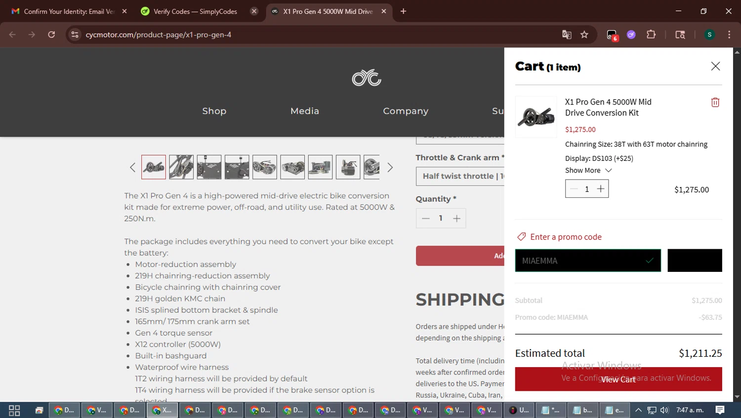 CYC MOTOR checkout page showing CYC MOTOR promo code box | Screenshot taken by SimplyCodes community member on Feb 10, 2026