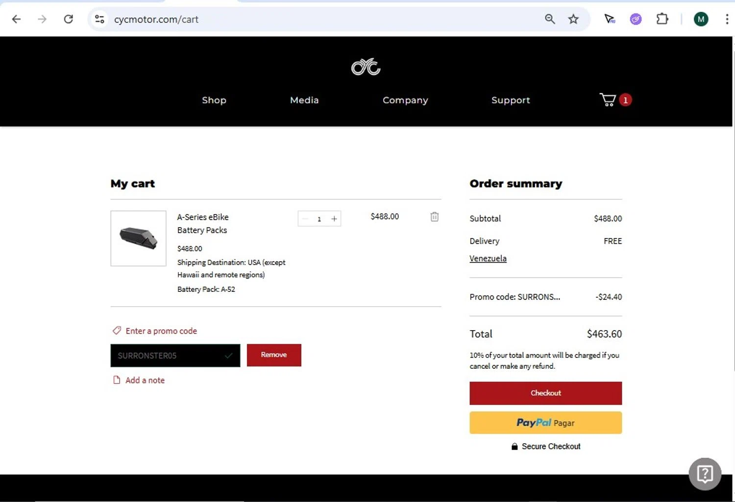 CYC MOTOR checkout page showing CYC MOTOR promo code box | Screenshot taken by SimplyCodes community member on Feb 10, 2026