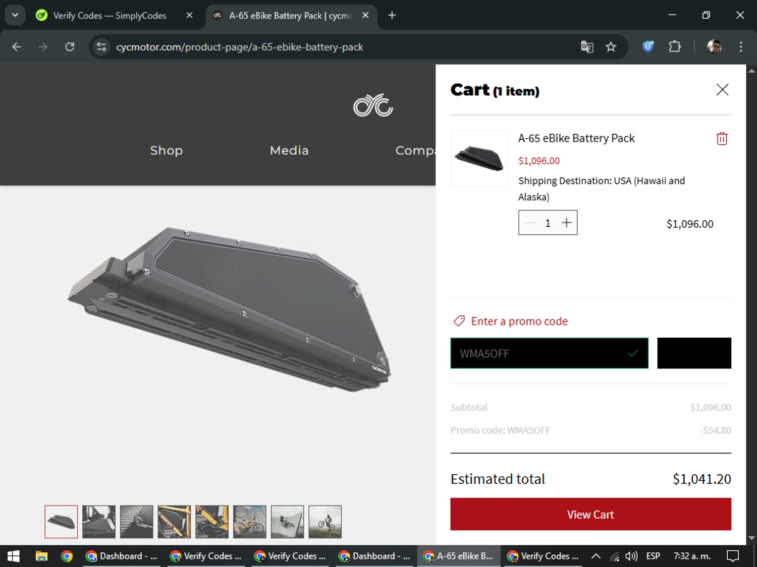CYC MOTOR promo code screenshot showing code WMA5OFF applied at CYC MOTOR checkout page. Uploaded by SimplyCodes community member DiscountSeeker682 on Feb 10, 2026