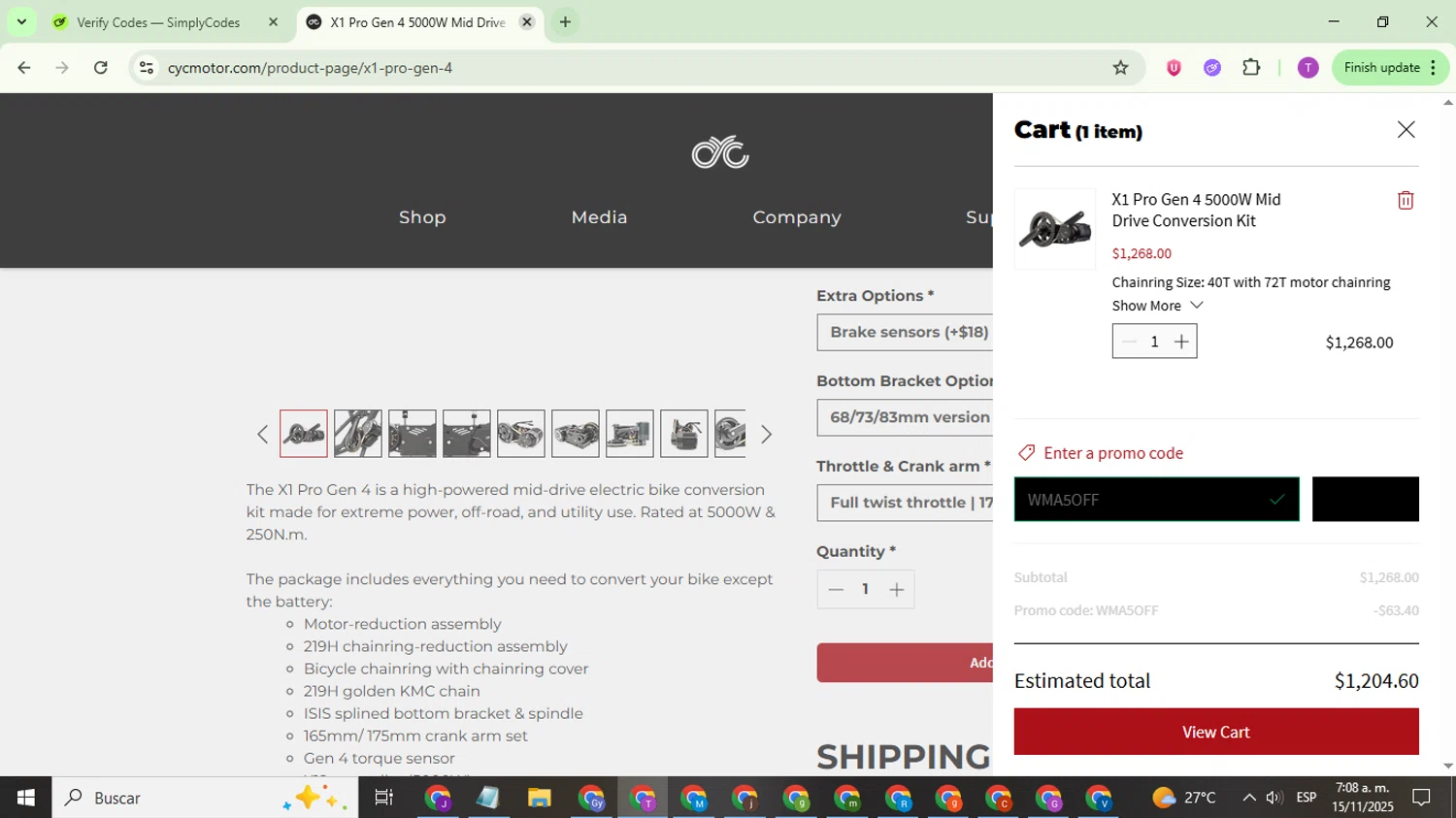 CYC MOTOR promo code screenshot showing code WMA5OFF applied at CYC MOTOR checkout page. Uploaded by SimplyCodes community member ThriftyCurator4085 on Nov 15, 2025