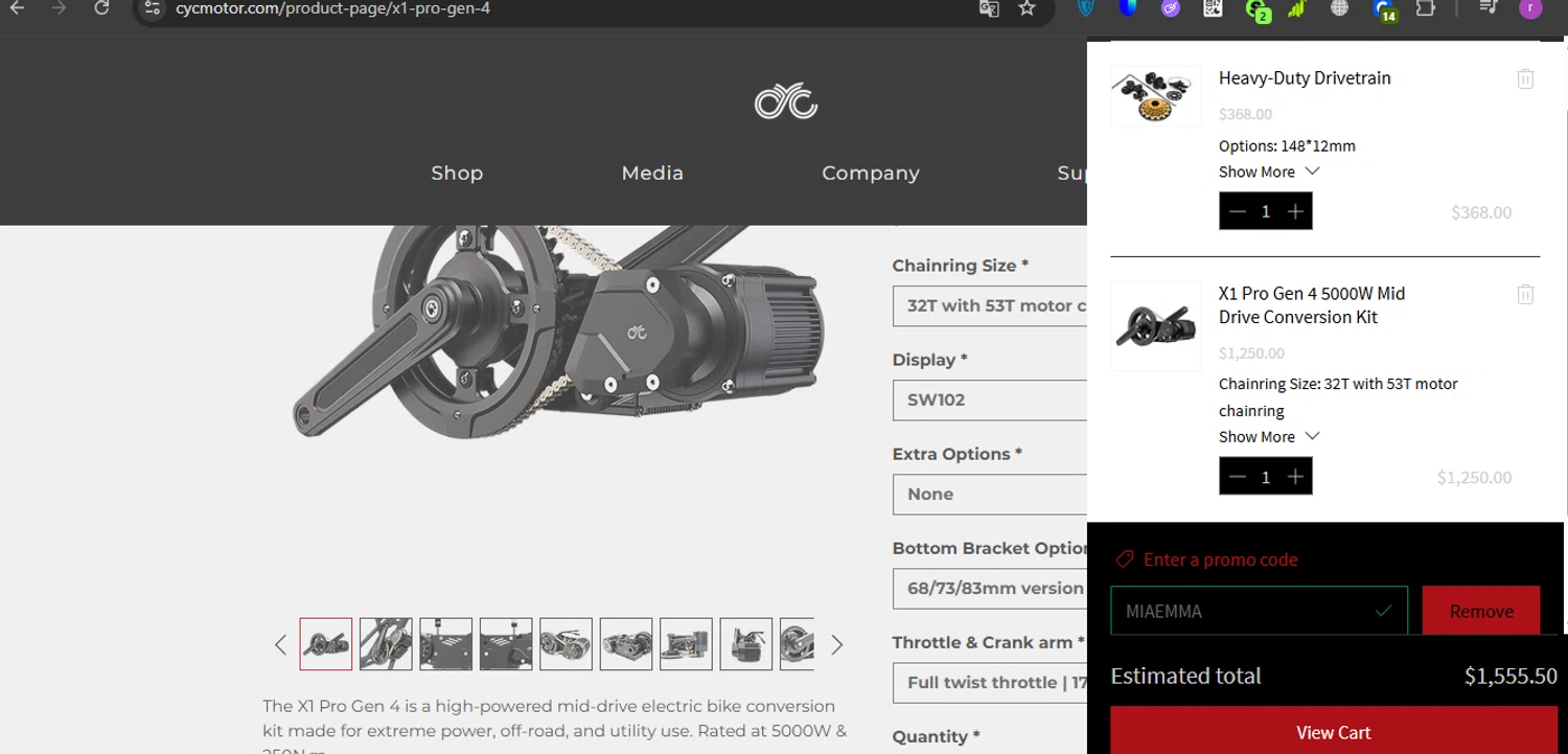 CYC MOTOR promo code screenshot showing code miaemma applied at CYC MOTOR checkout page. Uploaded by SimplyCodes community member ashe1986 on Aug 20, 2025