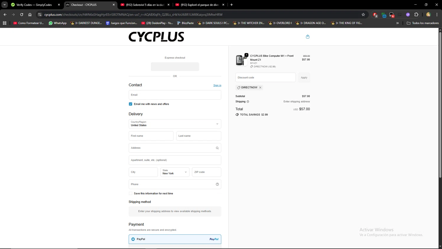 Cycplus discount code screenshot showing code DIRECTNOW applied at Cycplus checkout page. Uploaded by SimplyCodes community member MiauMiau on Dec 28, 2025