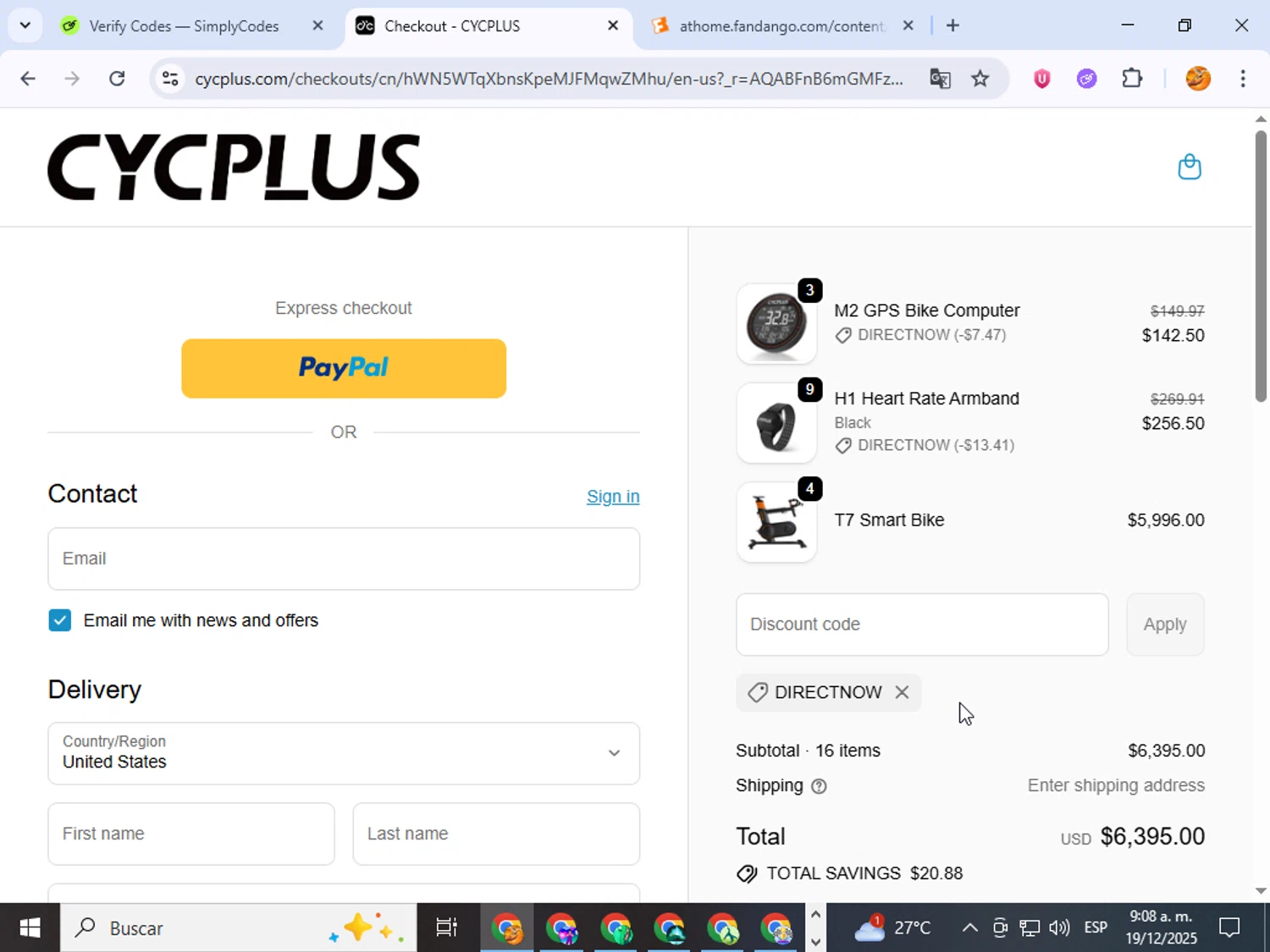 Cycplus discount code screenshot showing code DIRECTNOW applied at Cycplus checkout page. Uploaded by SimplyCodes community member ingri96 on Dec 19, 2025
