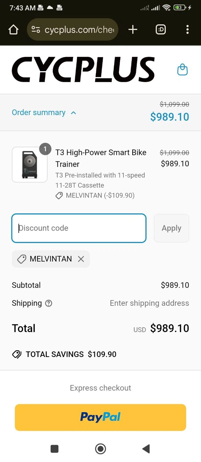 Cycplus discount code screenshot showing code MELVINTAN applied at Cycplus checkout page. Uploaded by SimplyCodes community member Mitologo on Apr 23, 2025