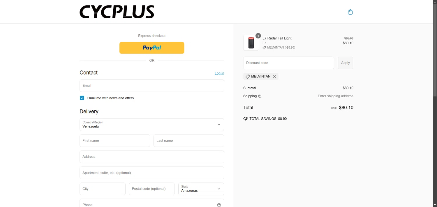 Cycplus discount code screenshot showing code MELVINTAN applied at Cycplus checkout page. Uploaded by SimplyCodes community member SavvyLion5780 on May 5, 2025