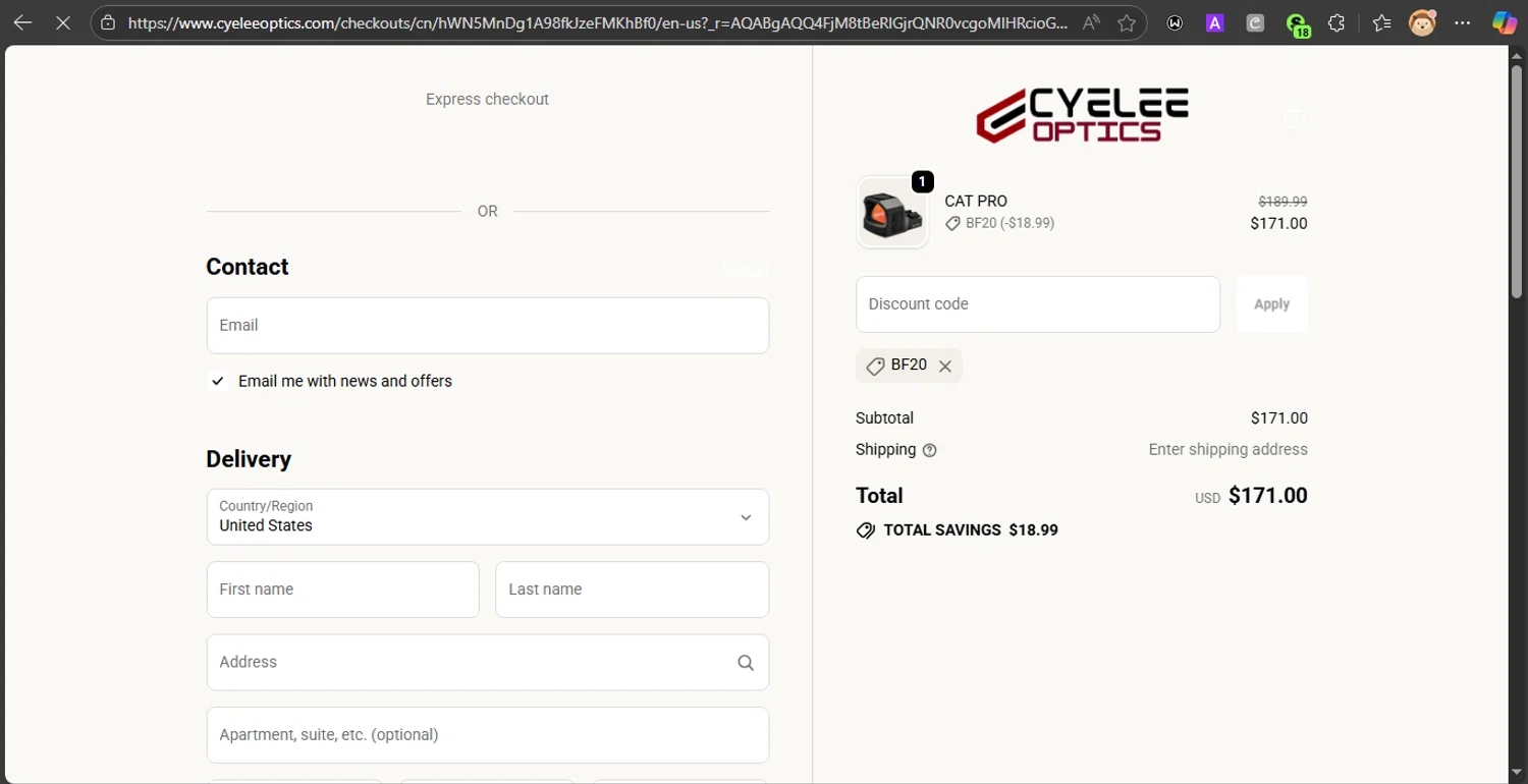 Cyelee Optics discount code screenshot showing code BF20 applied at Cyelee Optics checkout page. Uploaded by SimplyCodes community member LOVECOUPON on Nov 16, 2025