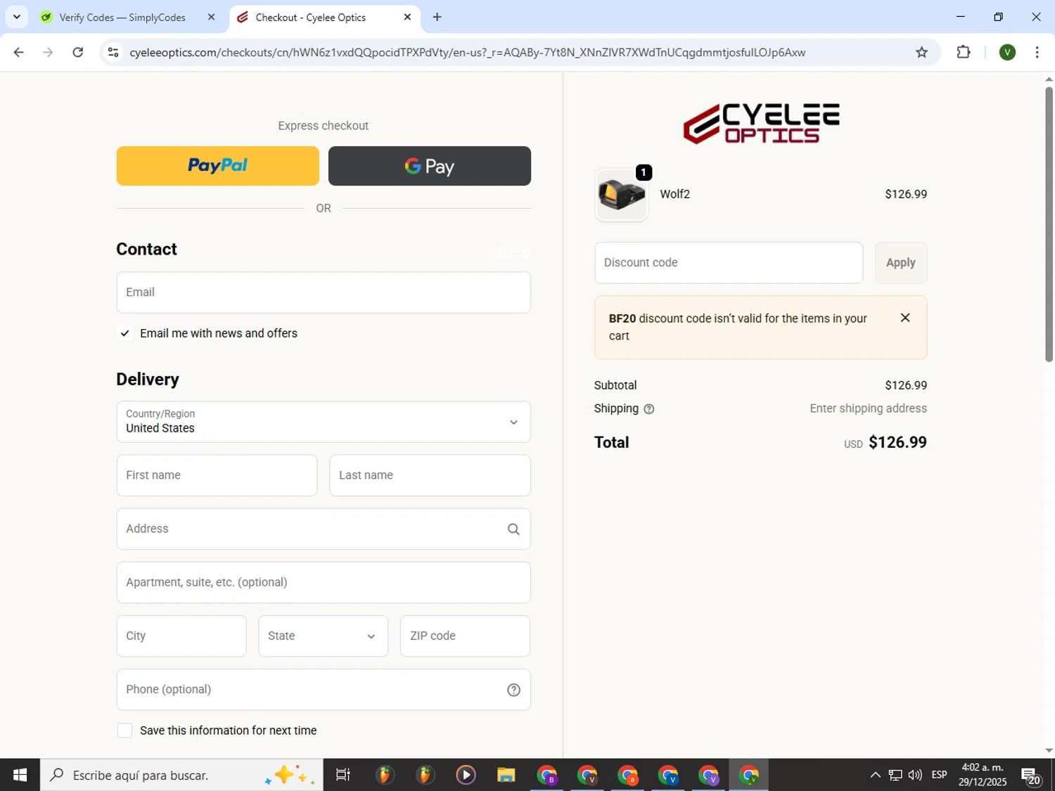 Cyelee Optics discount code screenshot showing code BF20 applied at Cyelee Optics checkout page. Uploaded by SimplyCodes community member PrimeWizard4168 on Dec 29, 2025