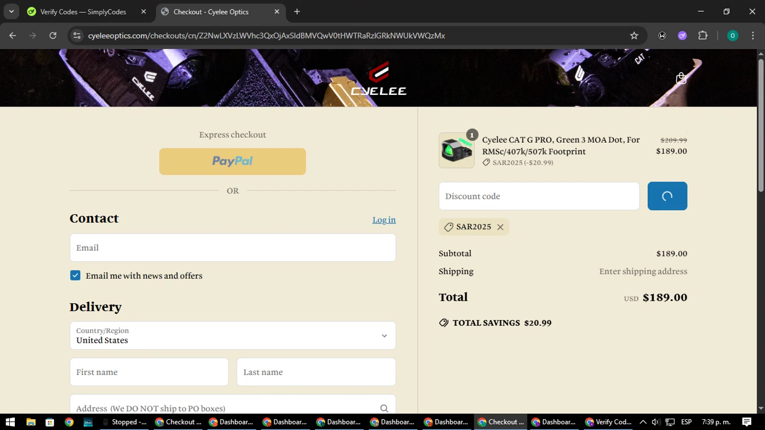 Cyelee Optics discount code screenshot showing code SAR2025 applied at Cyelee Optics checkout page. Uploaded by SimplyCodes community member LuckyDefender9428 on May 27, 2025