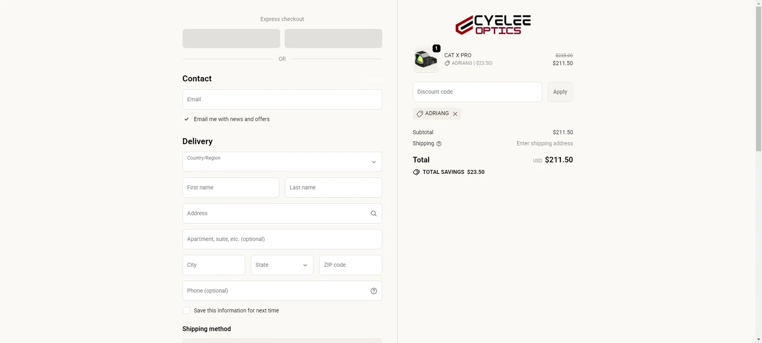 Cyelee Optics discount code screenshot showing code ADRIANG applied at Cyelee Optics checkout page. Uploaded by SimplyCodes community member CashSentinel5495 on Oct 23, 2025