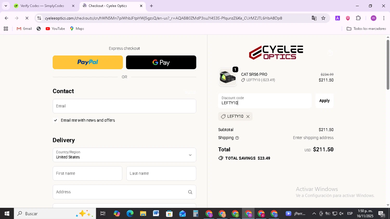 Cyelee Optics discount code screenshot showing code LEFTY10 applied at Cyelee Optics checkout page. Uploaded by SimplyCodes community member BudgetMonarch8952 on Nov 16, 2025