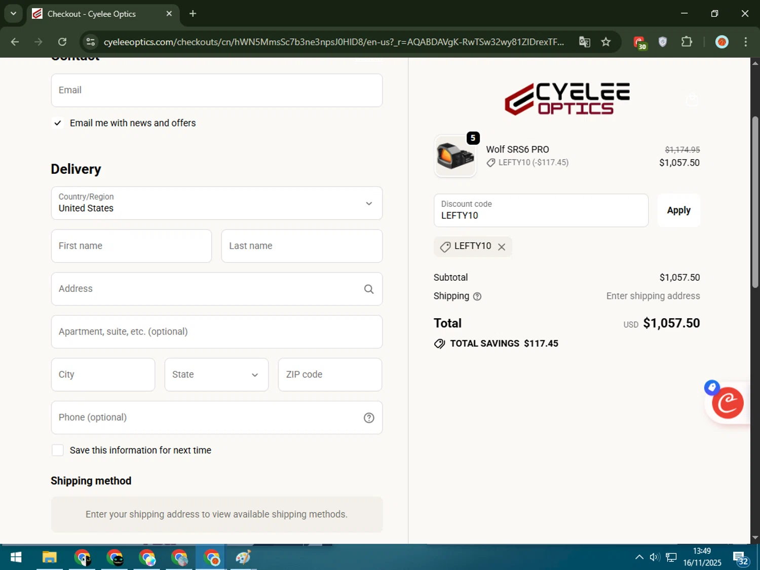 Cyelee Optics discount code screenshot showing code LEFTY10 applied at Cyelee Optics checkout page. Uploaded by SimplyCodes community member RewardPilot7235 on Nov 16, 2025
