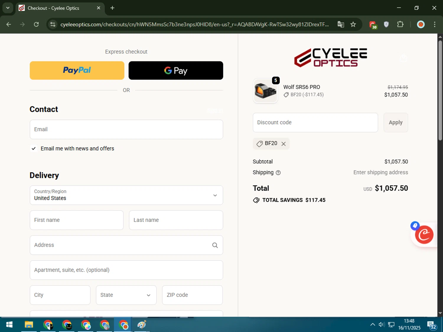 Cyelee Optics discount code screenshot showing code BF20 applied at Cyelee Optics checkout page. Uploaded by SimplyCodes community member RewardPilot7235 on Nov 16, 2025