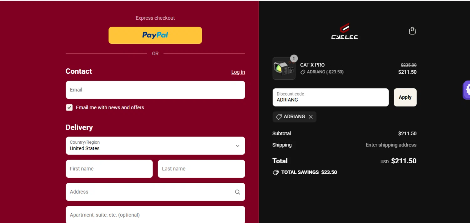 Cyelee Optics discount code screenshot showing code ADRIANG applied at Cyelee Optics checkout page. Uploaded by SimplyCodes community member shark12 on Aug 7, 2025