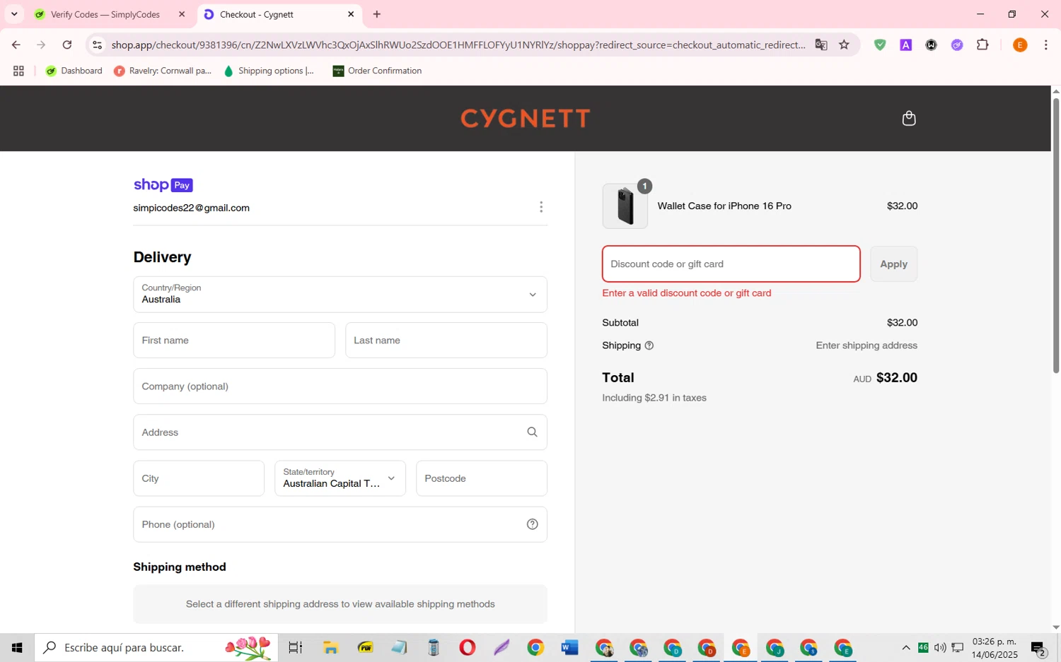 Cygnett promo code screenshot showing code COMEBACK applied at Cygnett checkout page. Uploaded by SimplyCodes community member RewardFalcon3197 on Jun 14, 2025