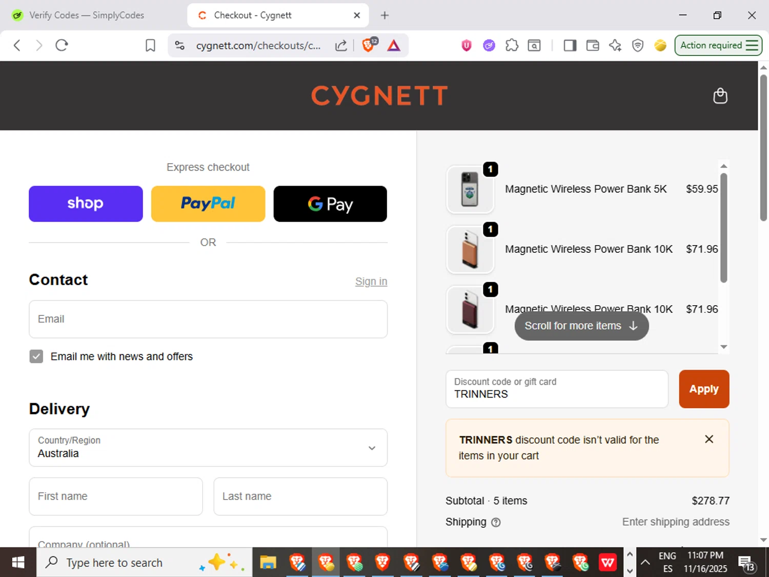 Cygnett promo code screenshot showing code TRINNERS applied at Cygnett checkout page. Uploaded by SimplyCodes community member QuestWarden1268 on Nov 17, 2025
