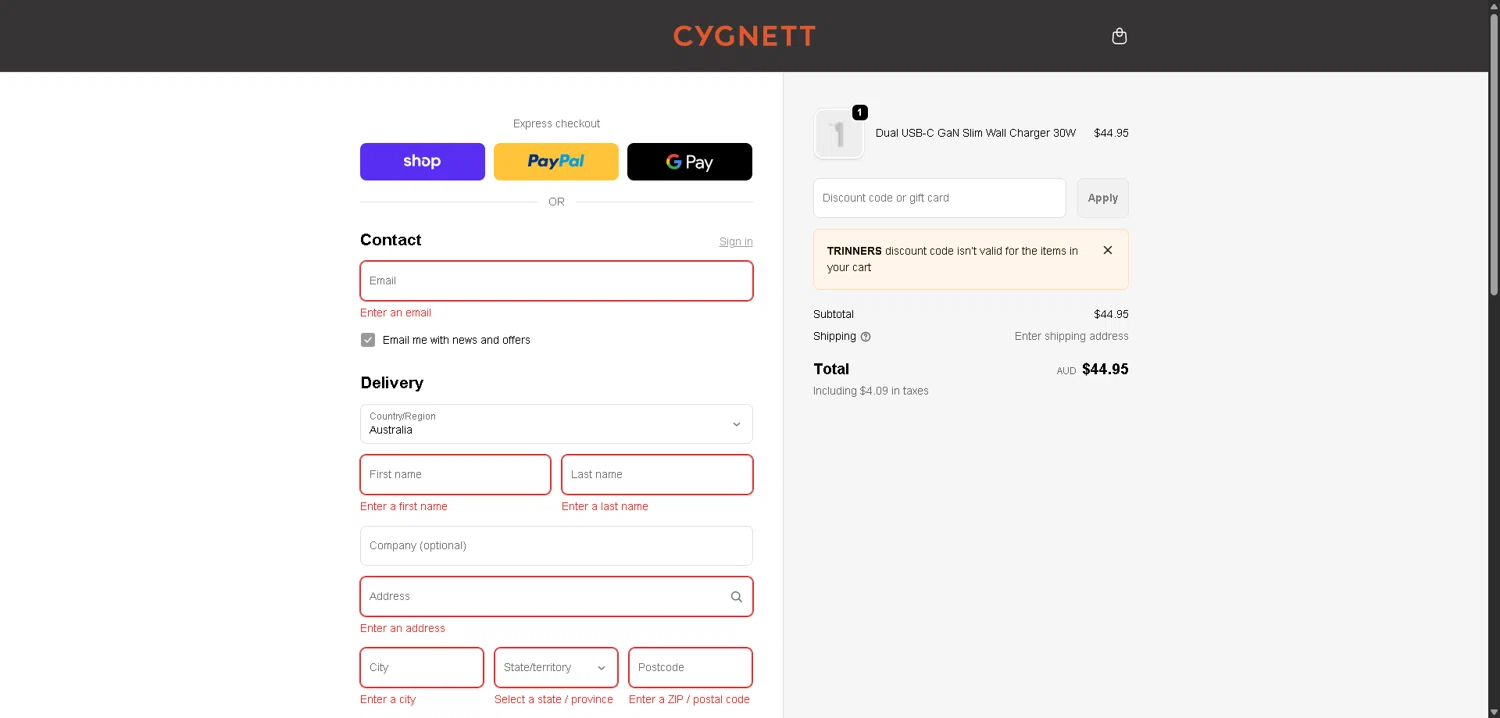 Cygnett promo code screenshot showing code TRINNERS applied at Cygnett checkout page. Uploaded by SimplyCodes community member ValueWarden2887 on Dec 25, 2025