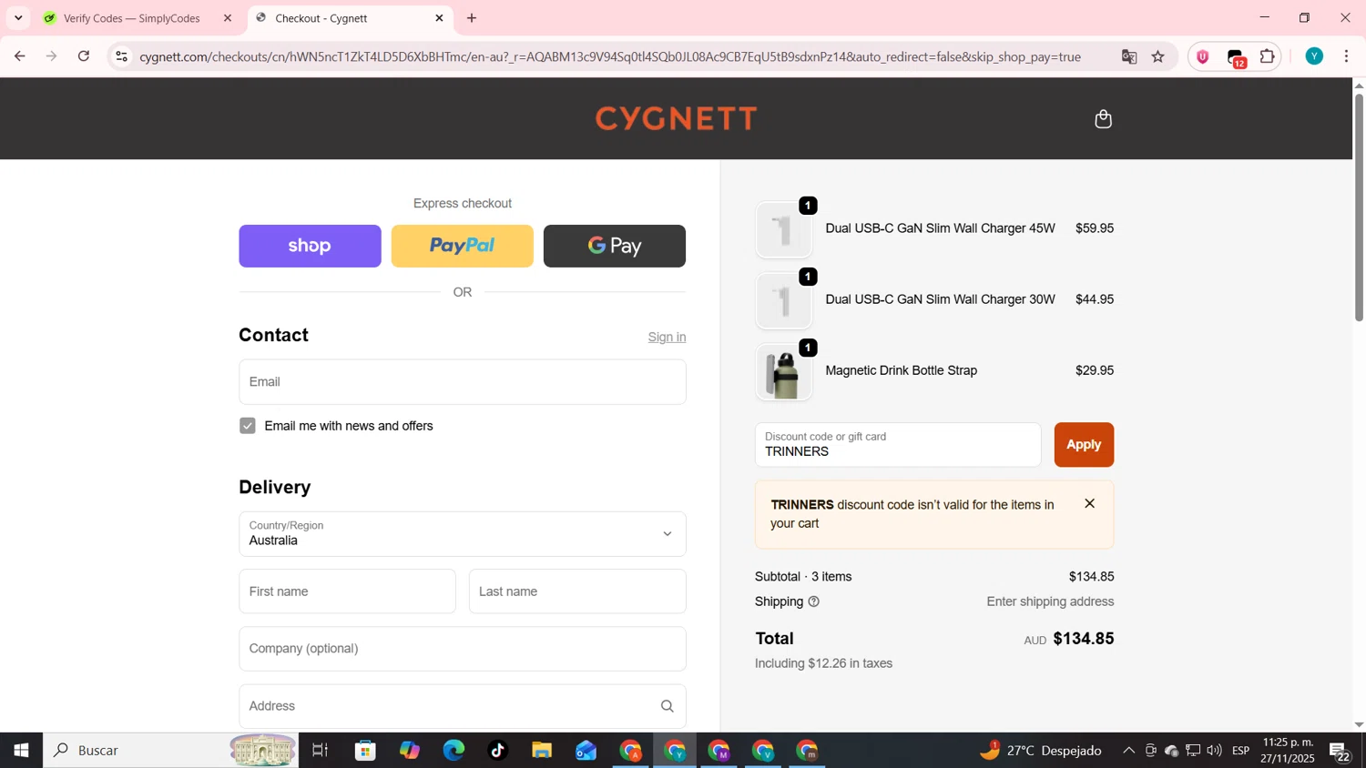 Cygnett promo code screenshot showing code TRINNERS applied at Cygnett checkout page. Uploaded by SimplyCodes community member codygakpo on Nov 28, 2025