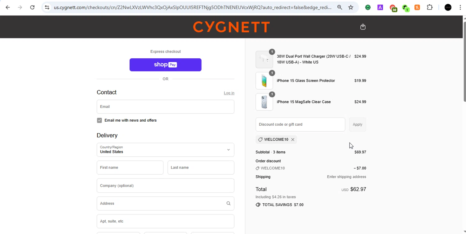 Cygnett promo code screenshot showing code WELCOME10 applied at Cygnett checkout page. Uploaded by SimplyCodes community member PrincessCoupon on Jul 8, 2025
