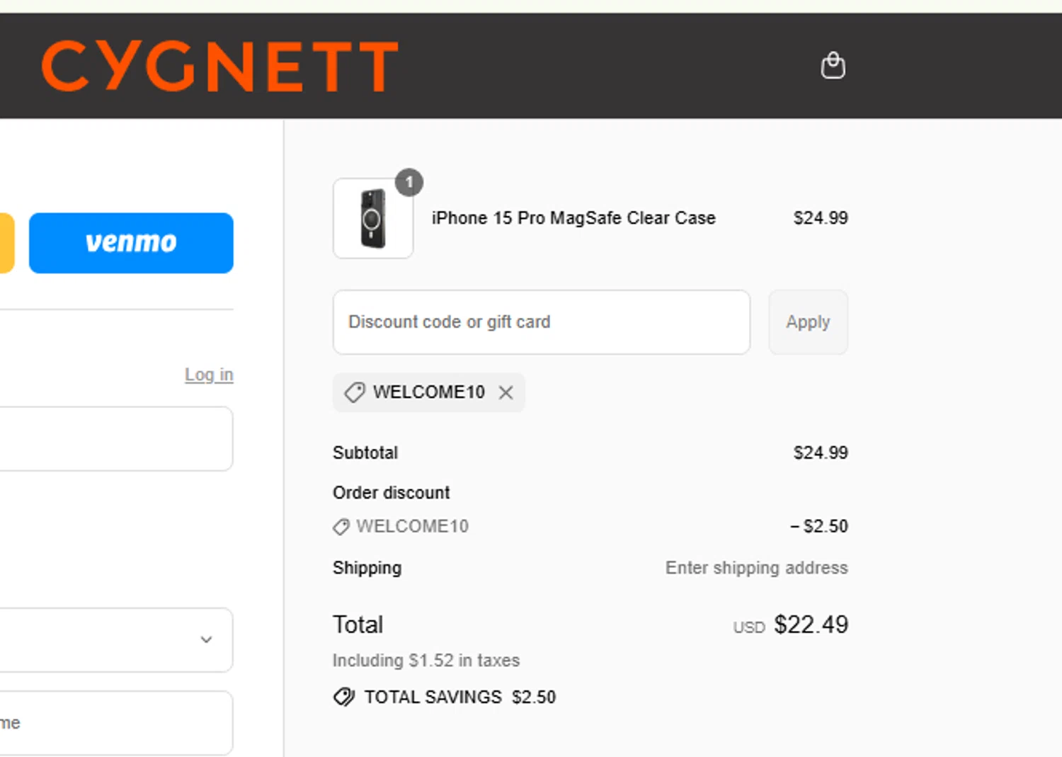 Cygnett promo code screenshot showing code WELCOME10 applied at Cygnett checkout page. Uploaded by SimplyCodes community member carlosrivero on Jul 22, 2025