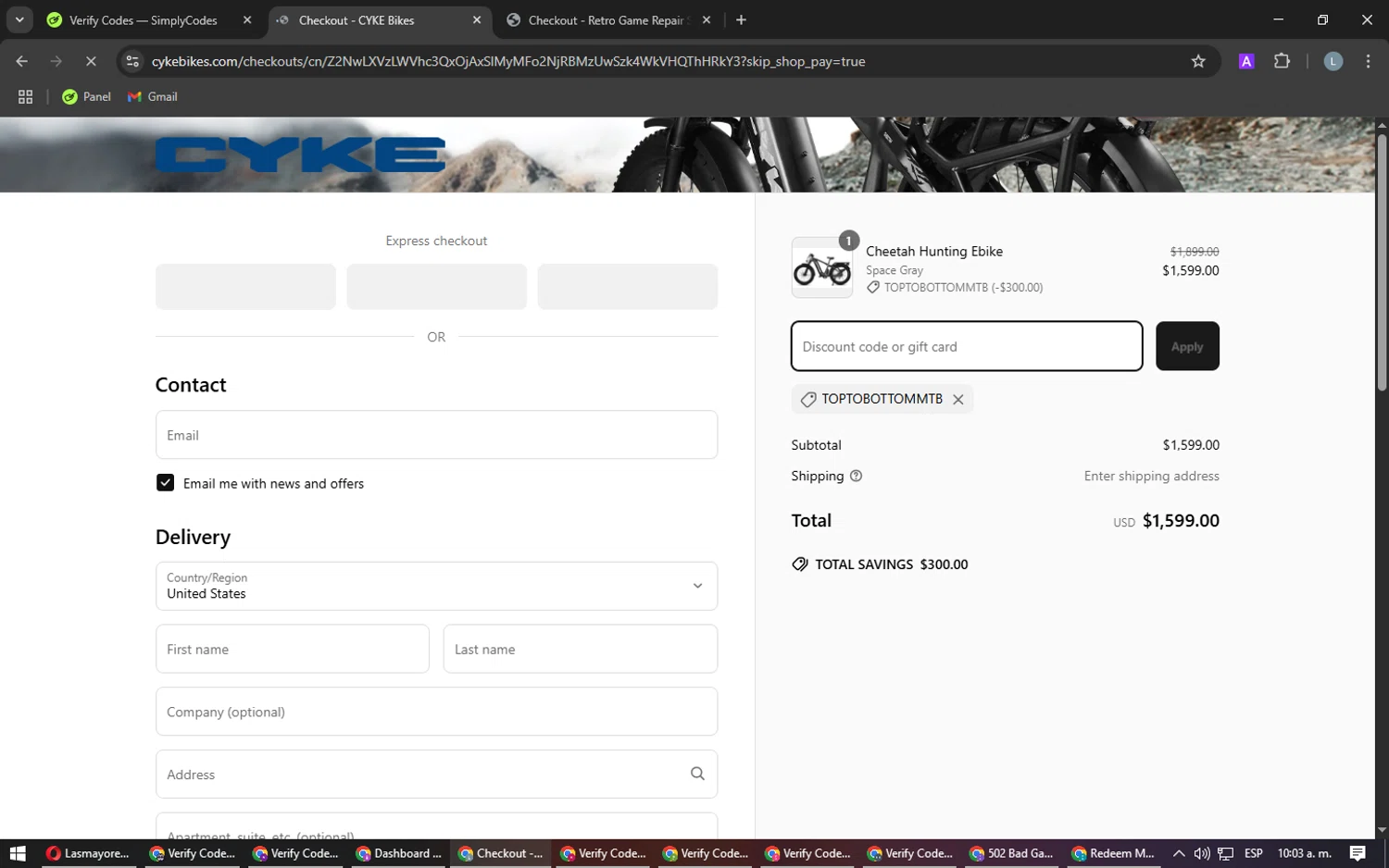 CYKE Bikes promo code screenshot showing code TopToBottomMTB applied at CYKE Bikes checkout page. Uploaded by SimplyCodes community member Laureandiaz on Apr 17, 2025