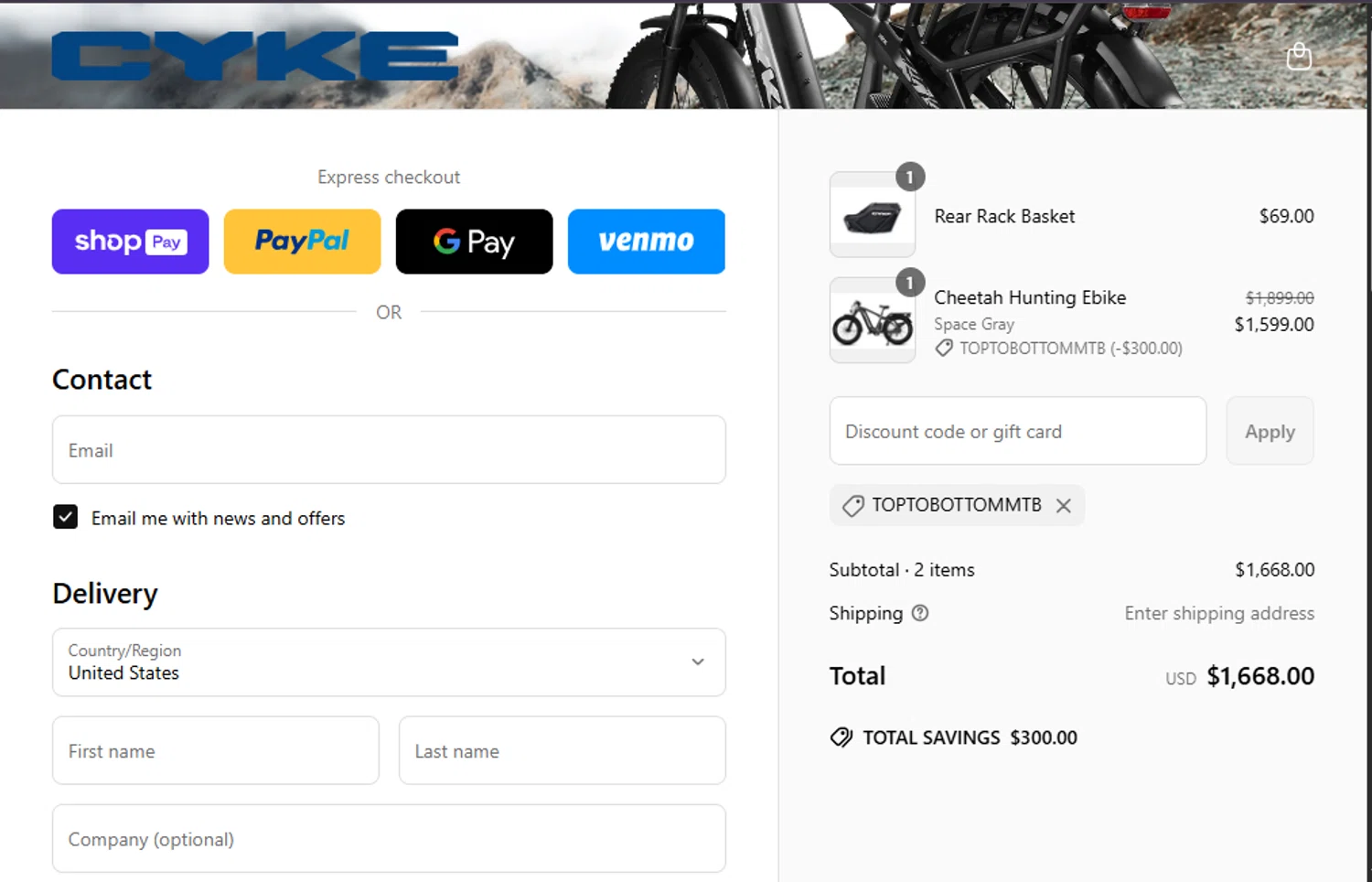 CYKE Bikes promo code screenshot showing code TopToBottomMTB applied at CYKE Bikes checkout page. Uploaded by SimplyCodes community member SalePhoenix2220 on Apr 17, 2025