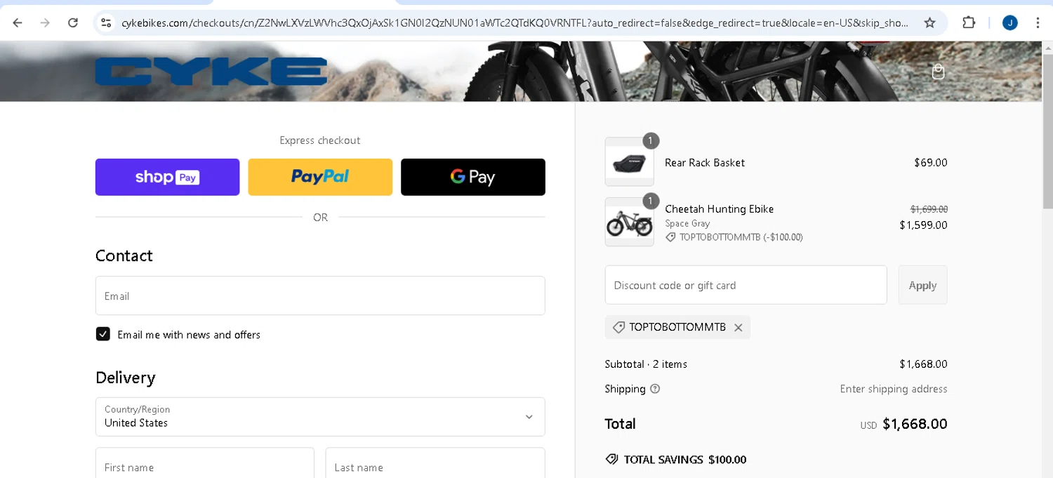 CYKE Bikes promo code screenshot showing code TopToBottomMTB applied at CYKE Bikes checkout page. Uploaded by SimplyCodes community member josecaraballo1 on Feb 19, 2025
