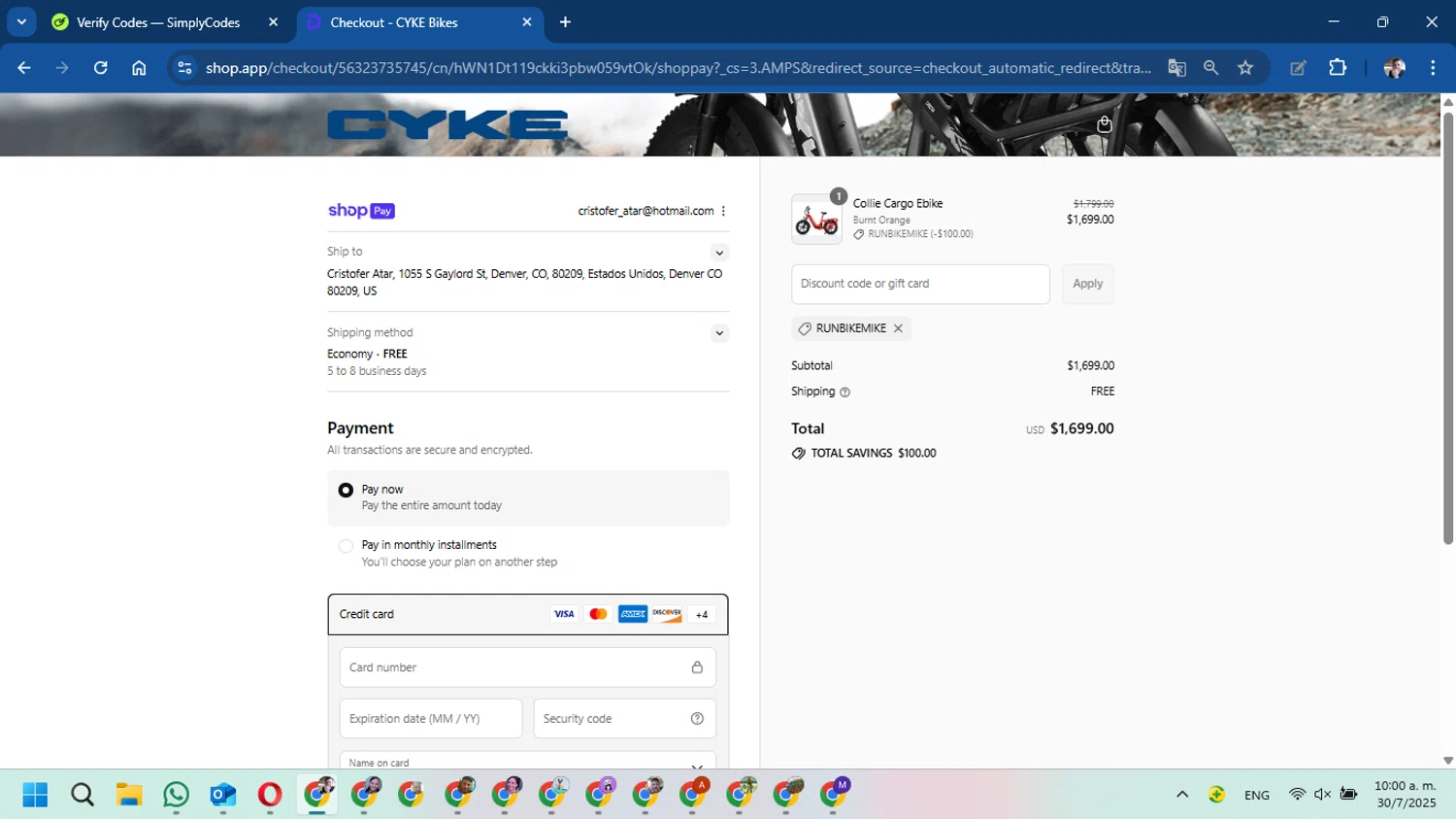 CYKE Bikes promo code screenshot showing code RUNBIKEMIKE applied at CYKE Bikes checkout page. Uploaded by SimplyCodes community member DavidMGF on Jul 30, 2025