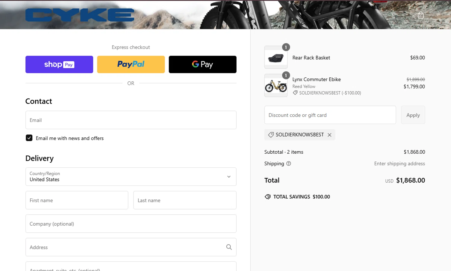 CYKE Bikes promo code screenshot showing code SOLDIERKNOWSBEST applied at CYKE Bikes checkout page. Uploaded by SimplyCodes community member DiscountEagle6247 on Feb 19, 2025