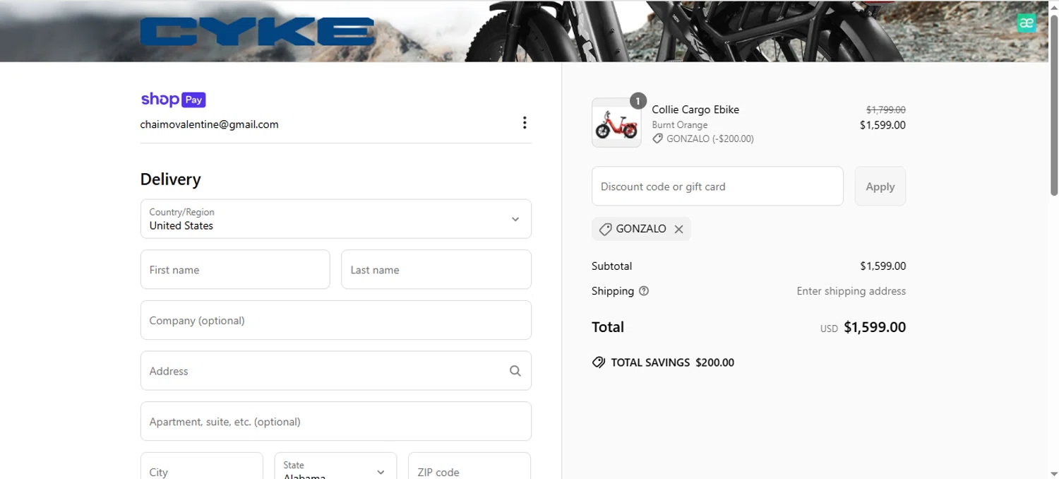 CYKE Bikes promo code screenshot showing code Gonzalo applied at CYKE Bikes checkout page. Uploaded by SimplyCodes community member FrugalHunter3134 on Jun 30, 2025